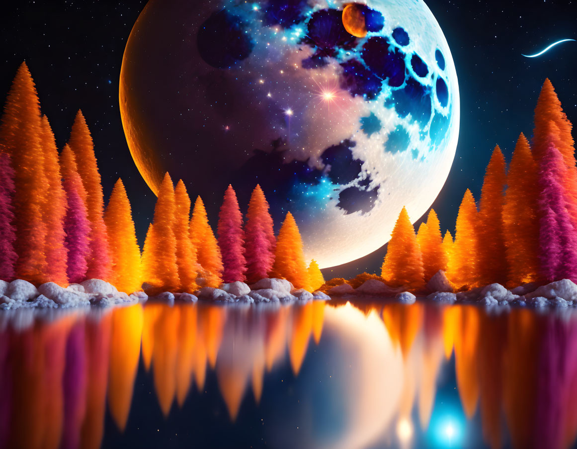 Fantastical landscape with glowing orange trees, reflective water, starry sky, oversized moon