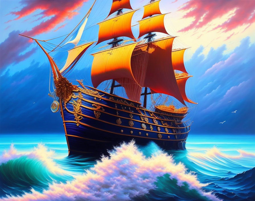 Majestic sailing ship with red sails in turbulent seas under dramatic sunset sky