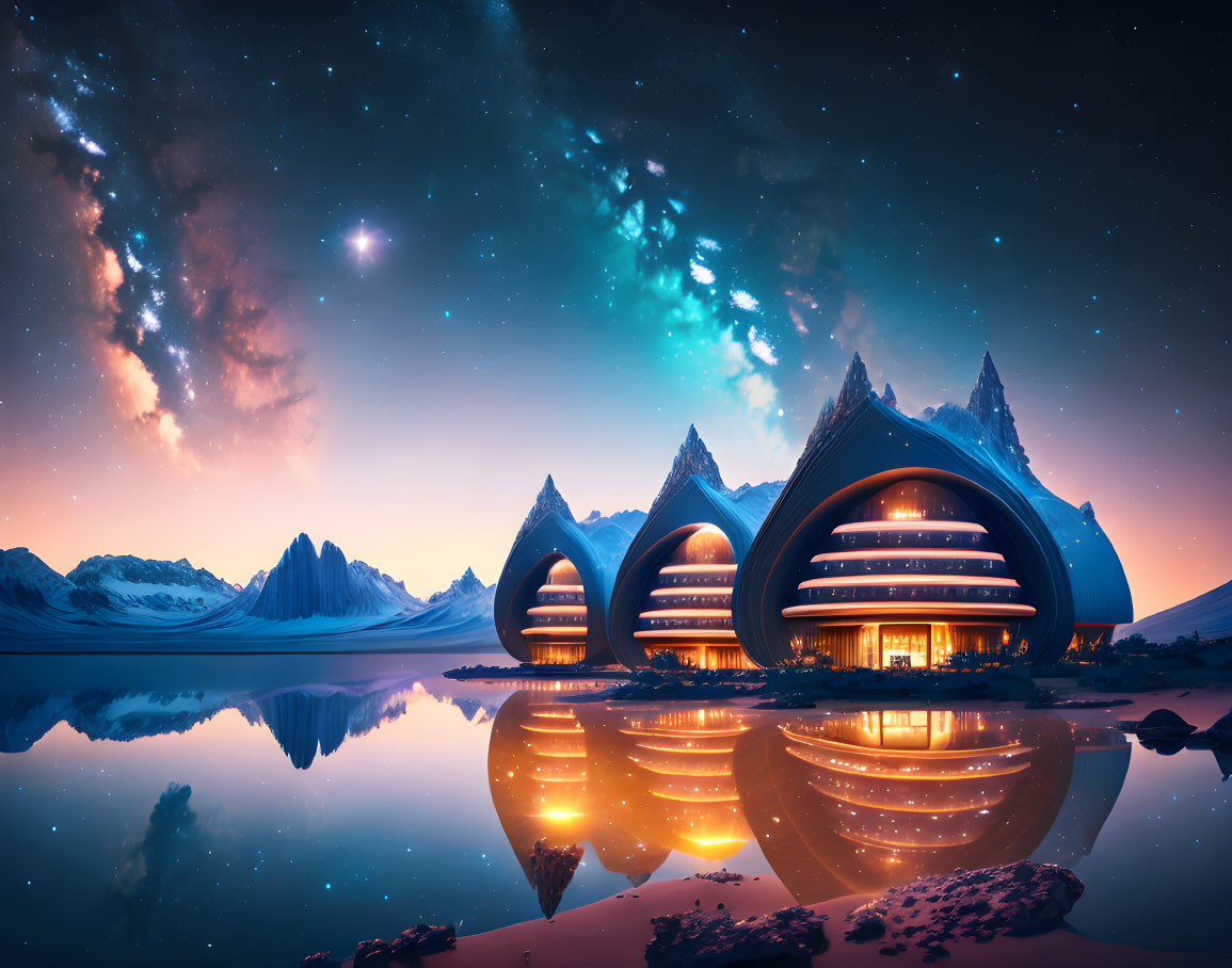 Futuristic domed buildings by calm lake under starry sky