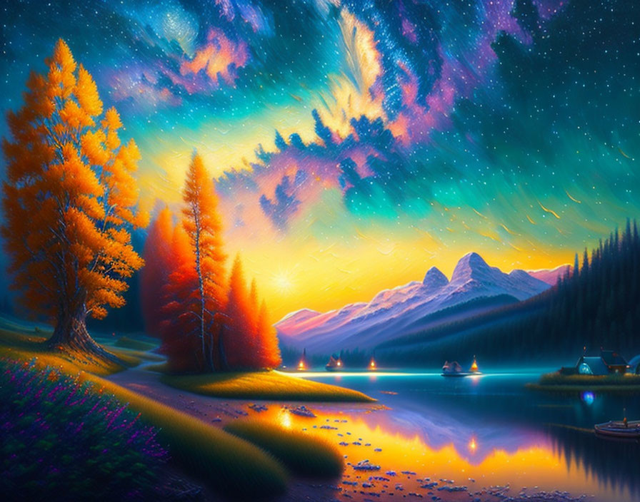 Serene lake landscape with starry sky, autumn trees, and cosmic twilight