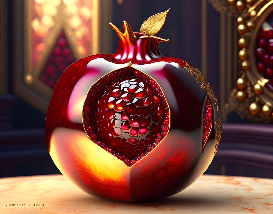 Glossy red pomegranate decor with gold accents and intricate cutout design