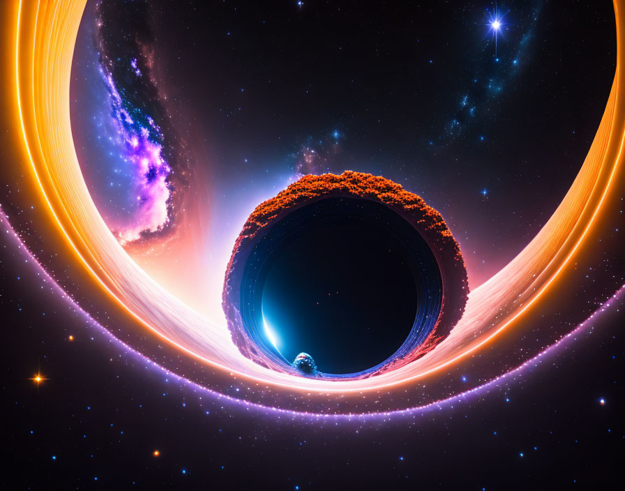 Black hole with accretion disk, Earth, stars, and nebulae in cosmic image