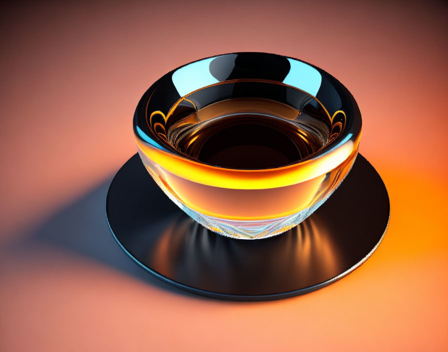 Transparent glass cup with dark liquid on black saucer against orange gradient