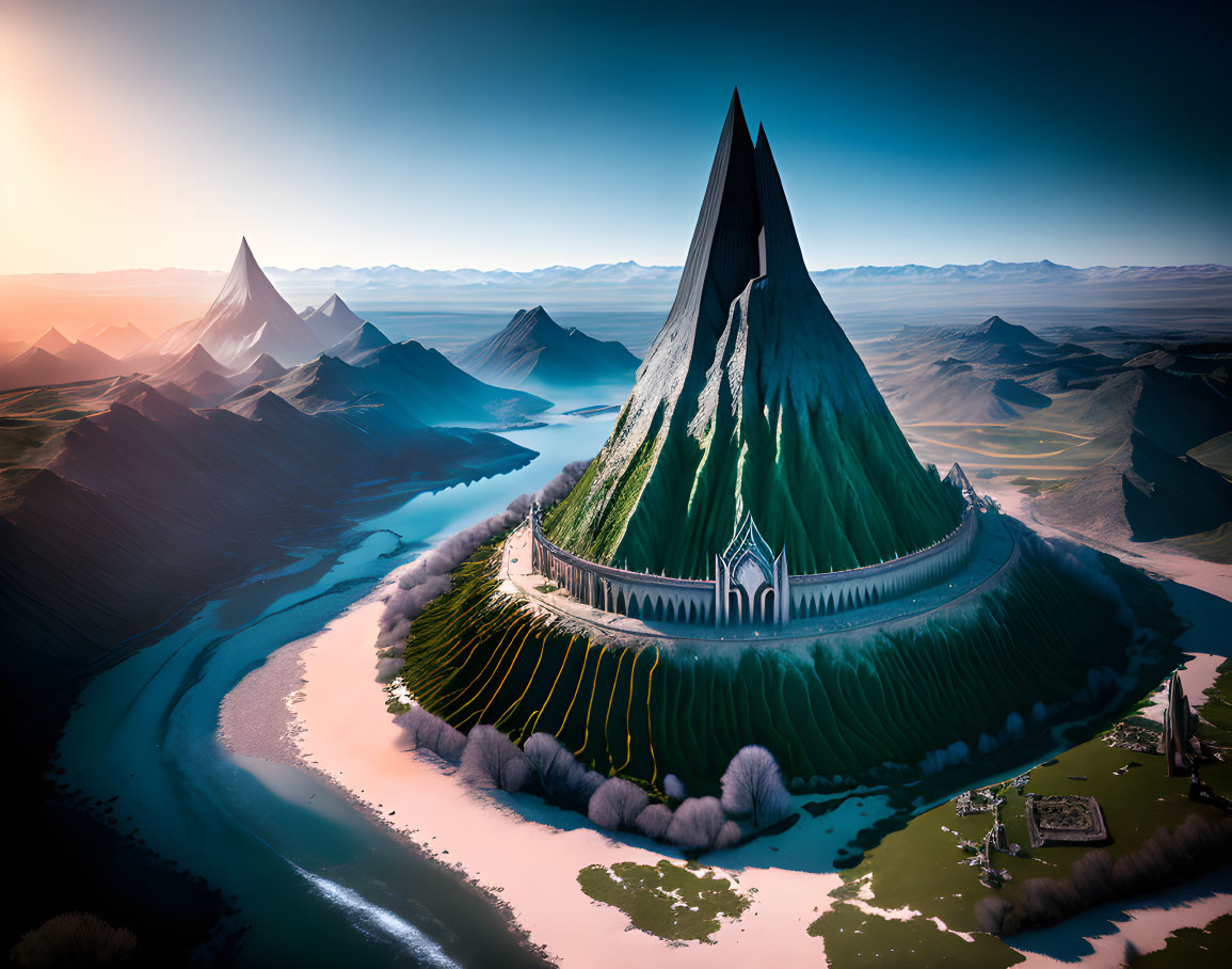 Triangular mountain in fantasy landscape with rivers and sun