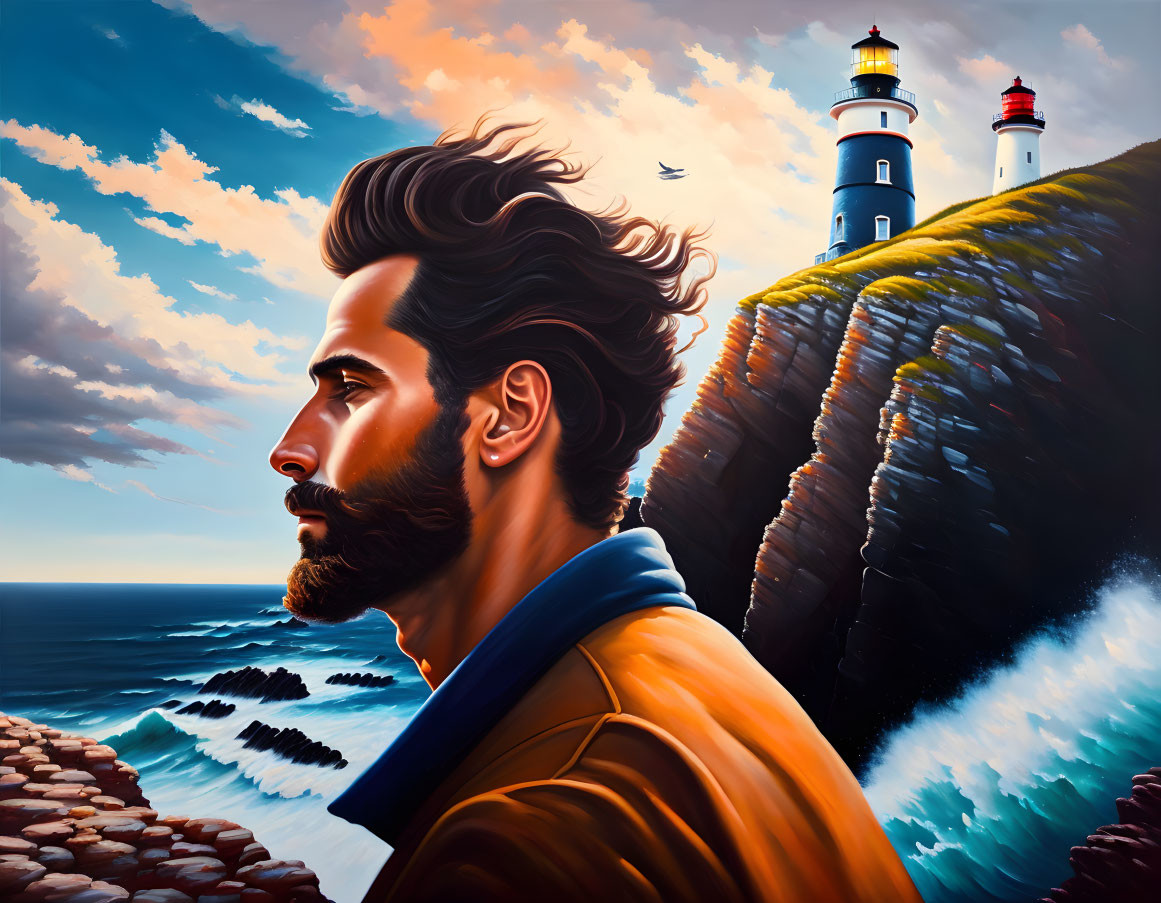 Stylized portrait of bearded man with lighthouses and bird in maritime theme