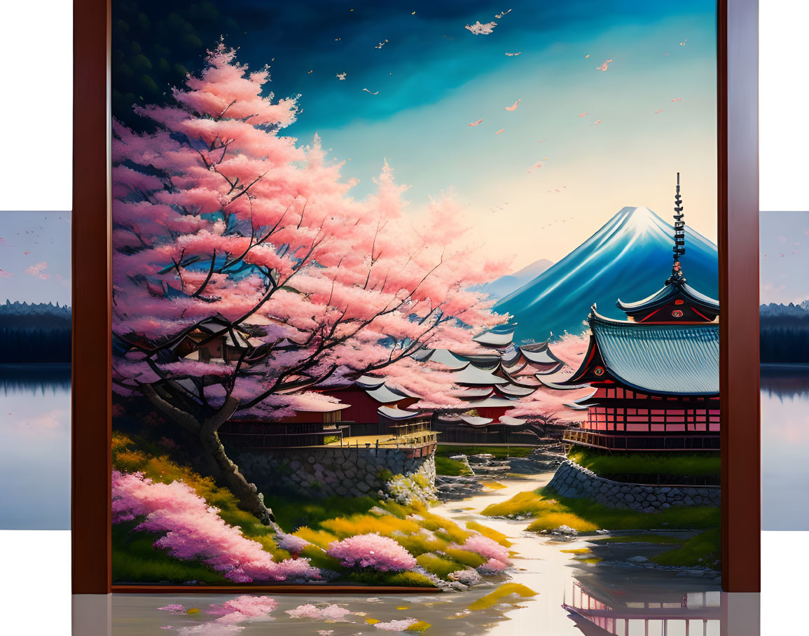 Scenic Mount Fuji with Pagodas, Cherry Blossoms, and Birds