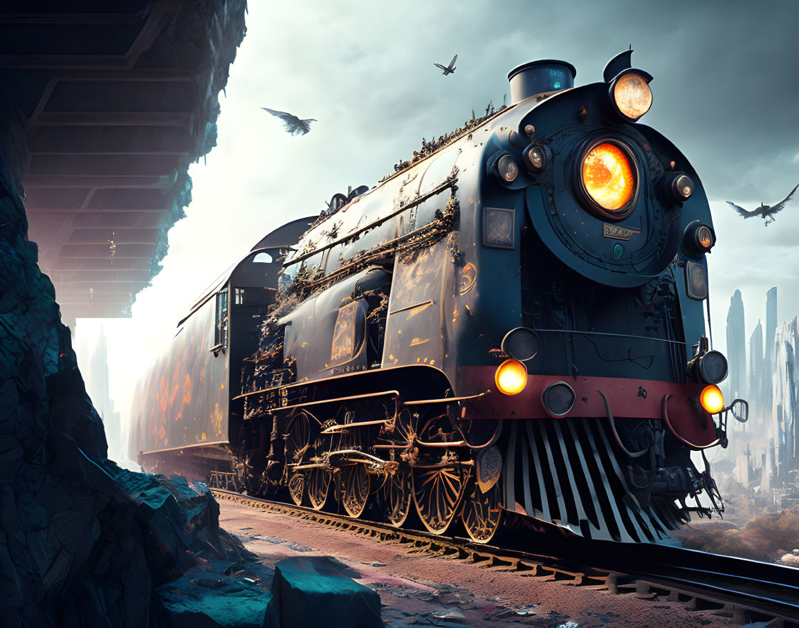 Steam locomotive emerges from mountain tunnel with glowing lights and flying birds against towering rock formations