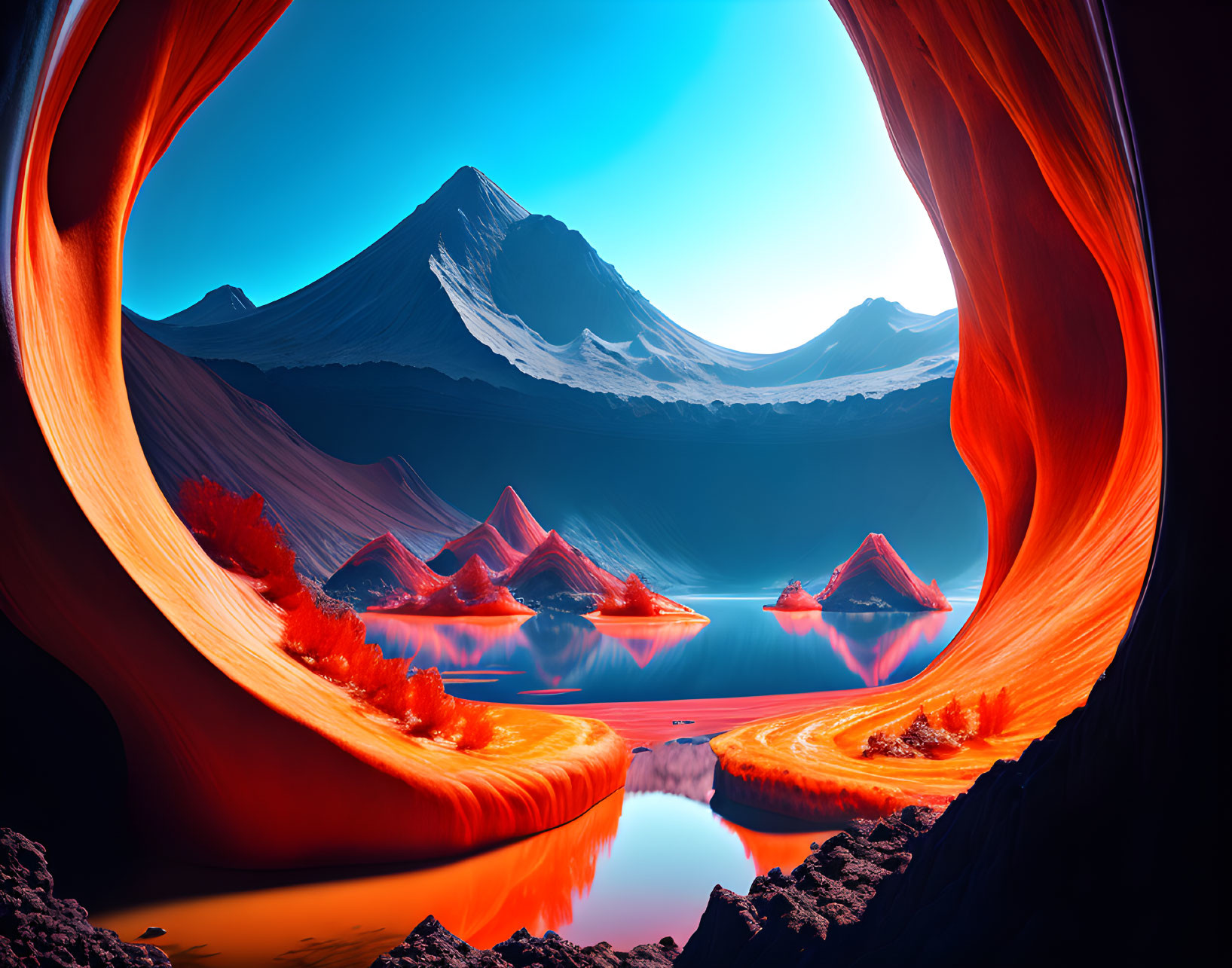 Surreal landscape with glowing red cave, blue lake, and snow-capped peak