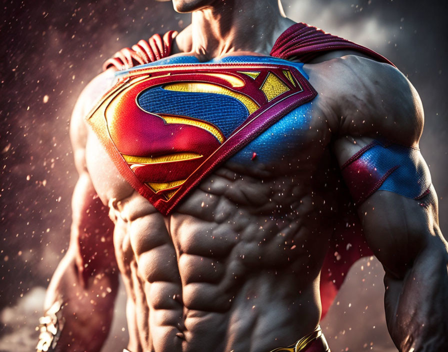 Muscular person in Superman costume with iconic emblem in dramatic lighting