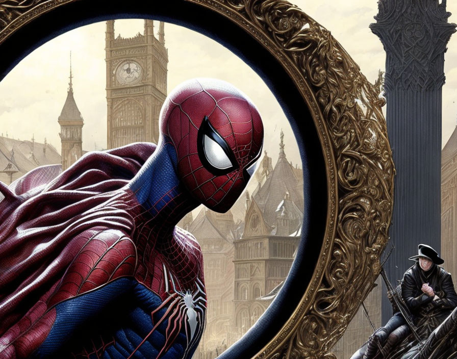 Spider-Man near circular frame with London's Big Ben in background