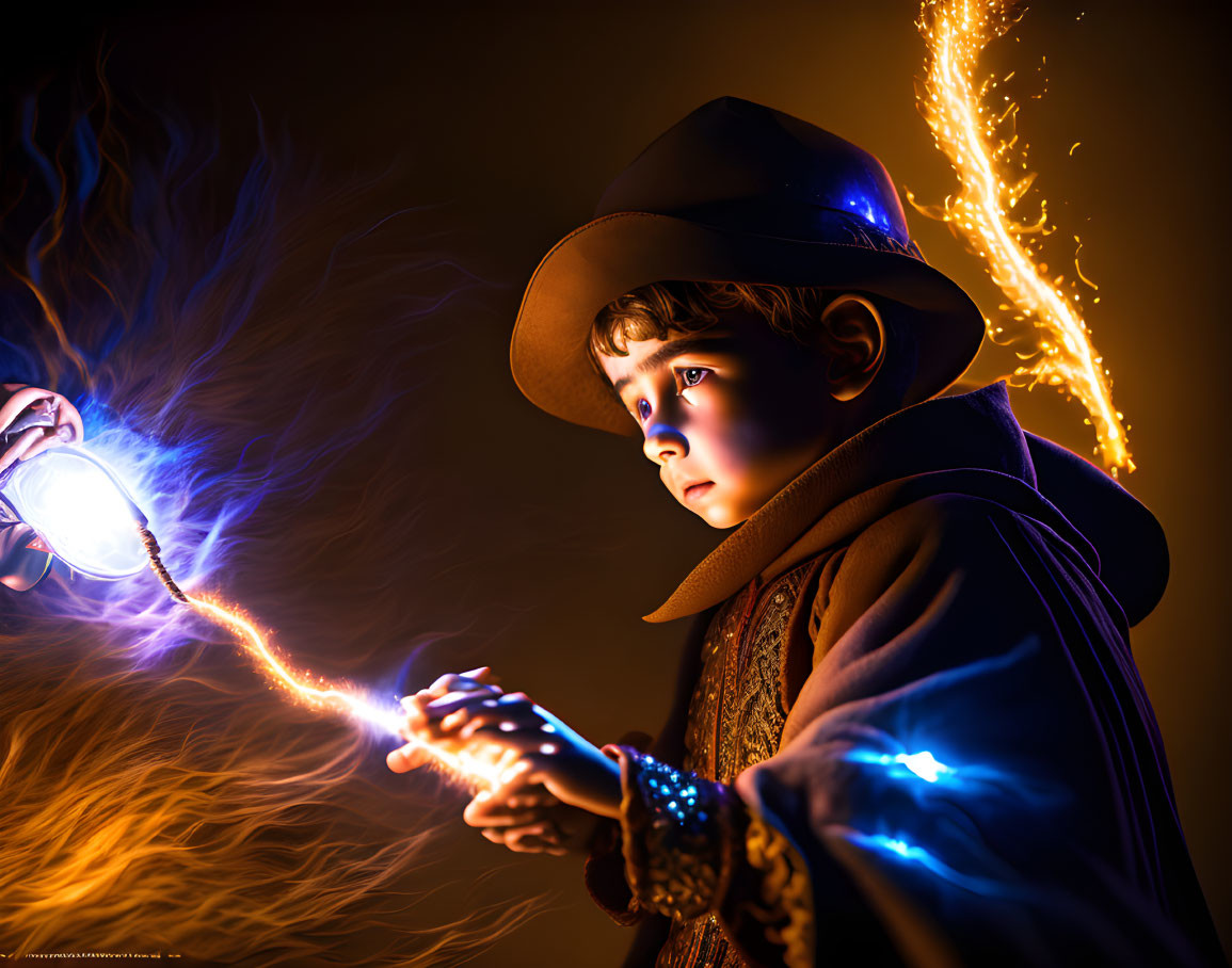 Child in wizard costume casting spell with lit wand