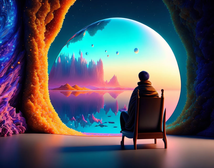 Person sitting on chair gazes at vibrant alien landscape through circular portal.