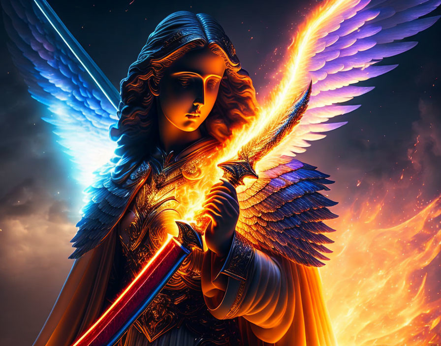 Majestic angel with radiant wings and glowing sword in fiery backdrop