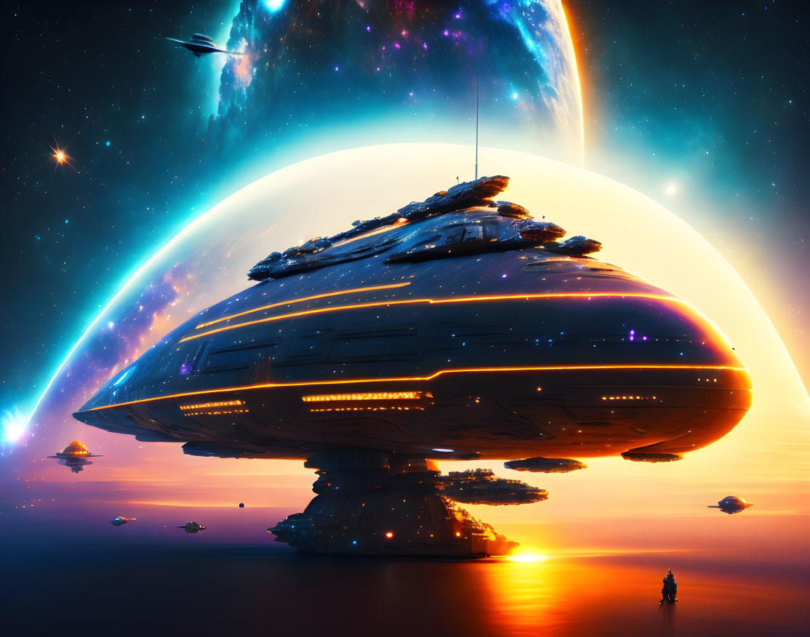 Colossal spaceship hovering over planetary horizon in sci-fi scene