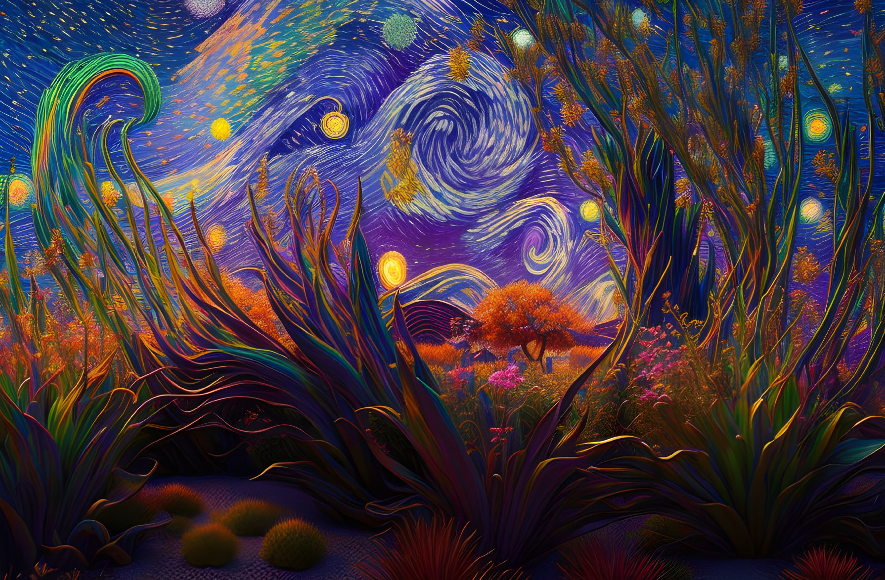 Stylized night landscape with swirling skies and glowing orbs