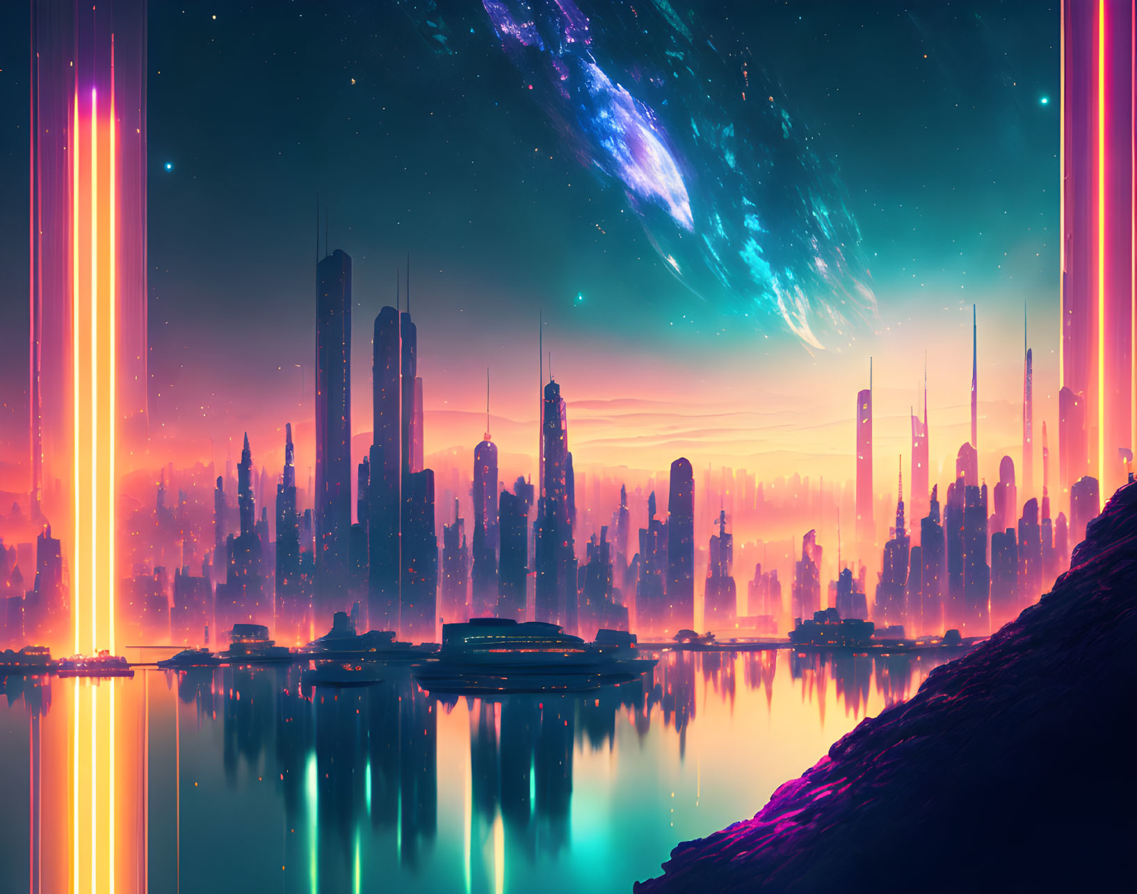 Futuristic cityscape at dusk: neon lights, skyscrapers, cosmic sky.