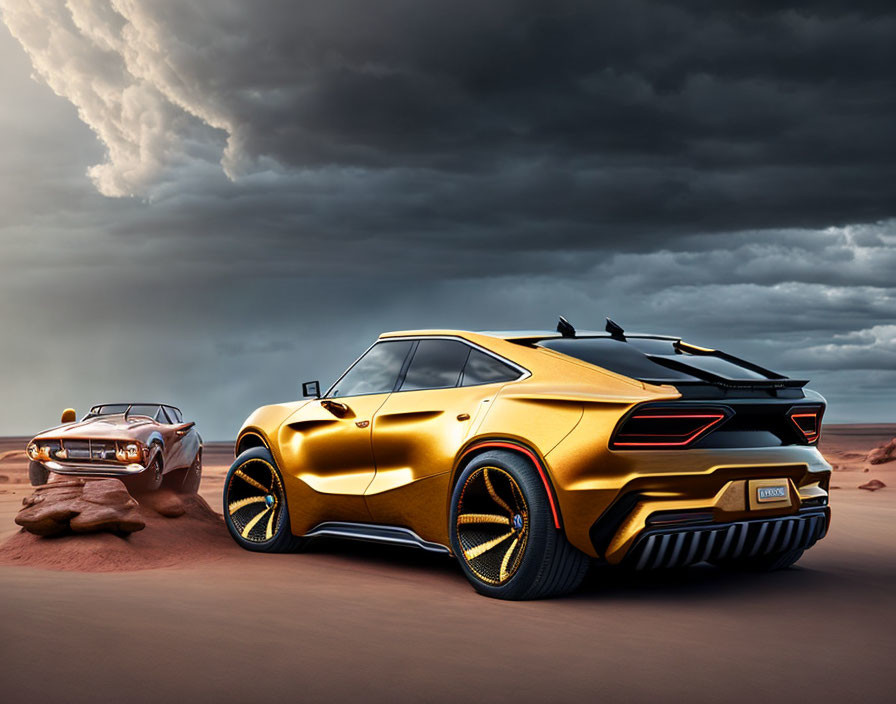 Gold SUV and vintage silver sports car in desert landscape with dramatic skies