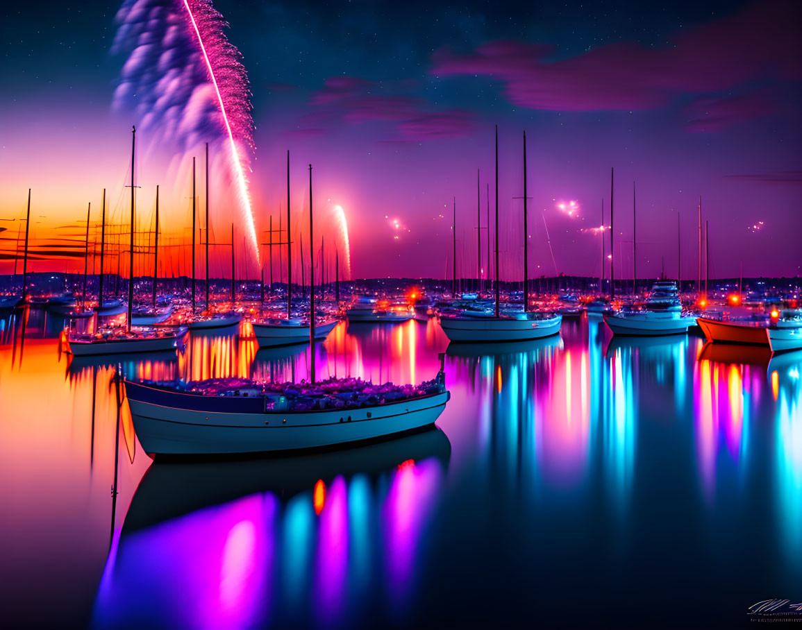 Neon-lit boats at dusk in a vibrant marina scene