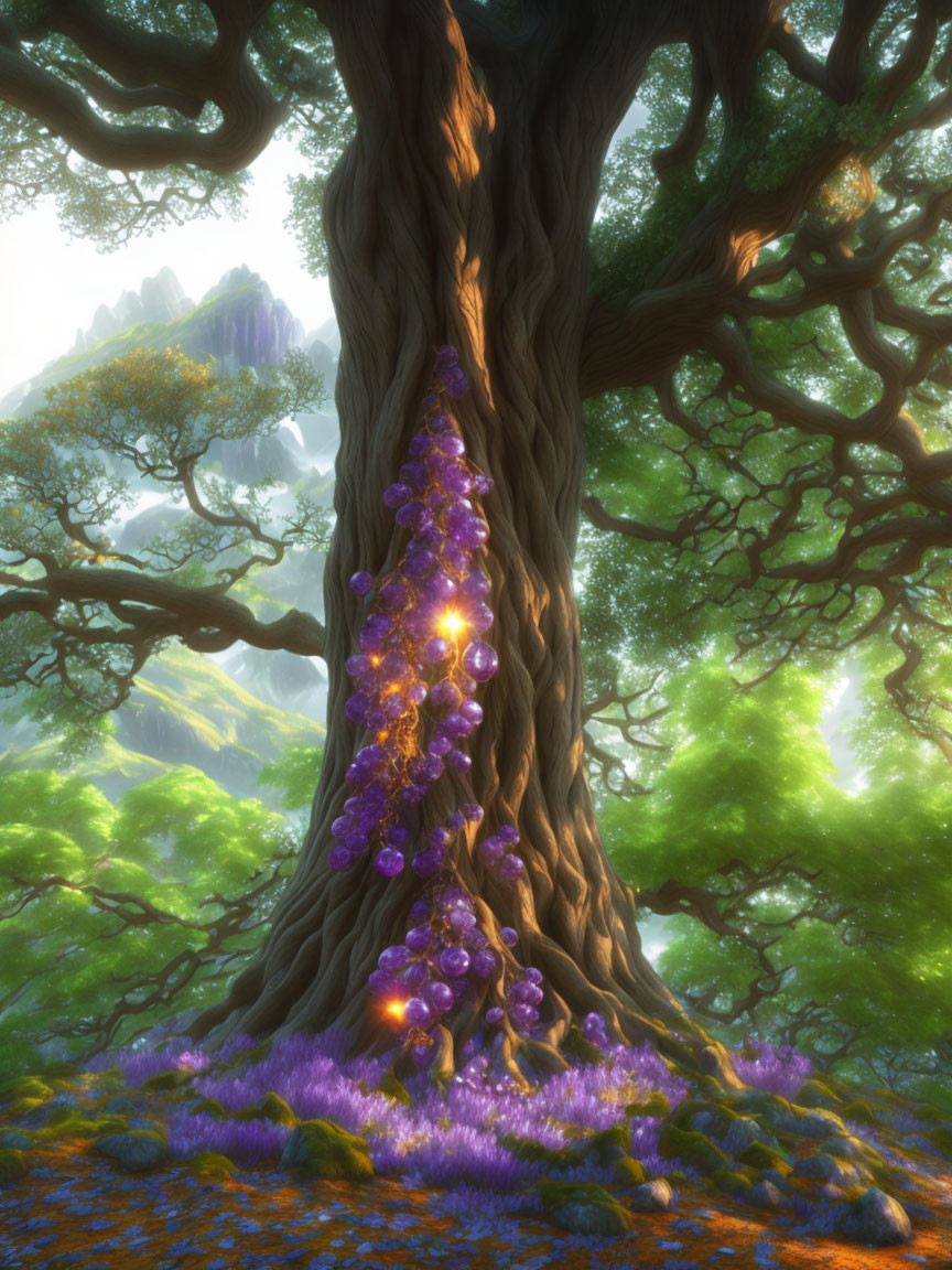 Majestic tree with thick trunk and purple flowers in lush forest