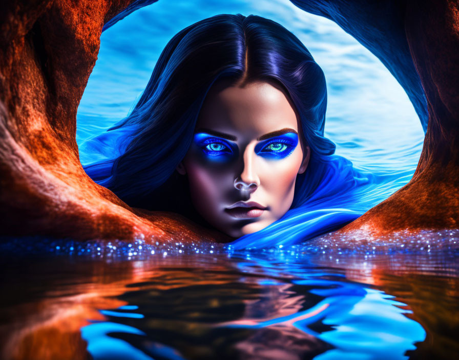 Surreal portrait of woman with blue eyes and hair by water and tree.