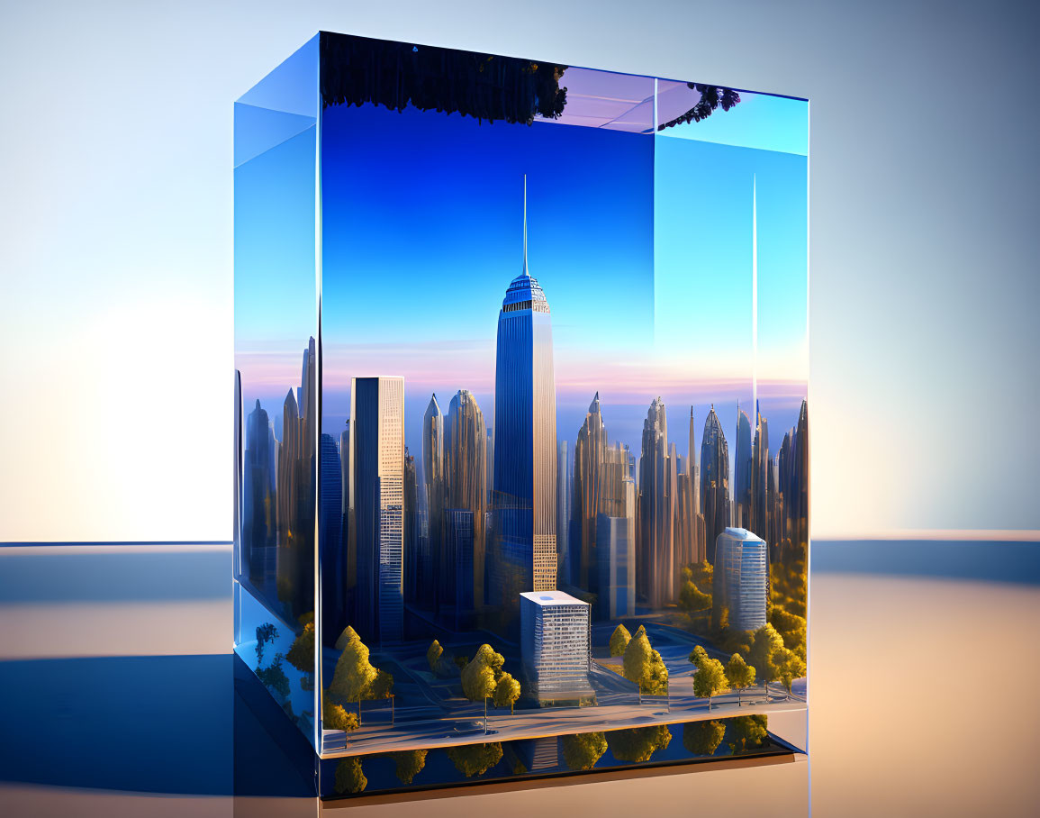 Miniature cityscape in glass cube with skyscrapers and trees at dawn or dusk