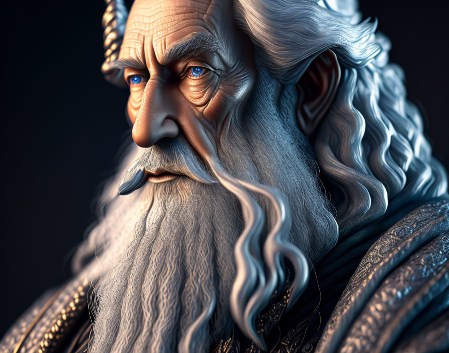 Detailed 3D portrait of elderly male with long white beard and ornate clothing.