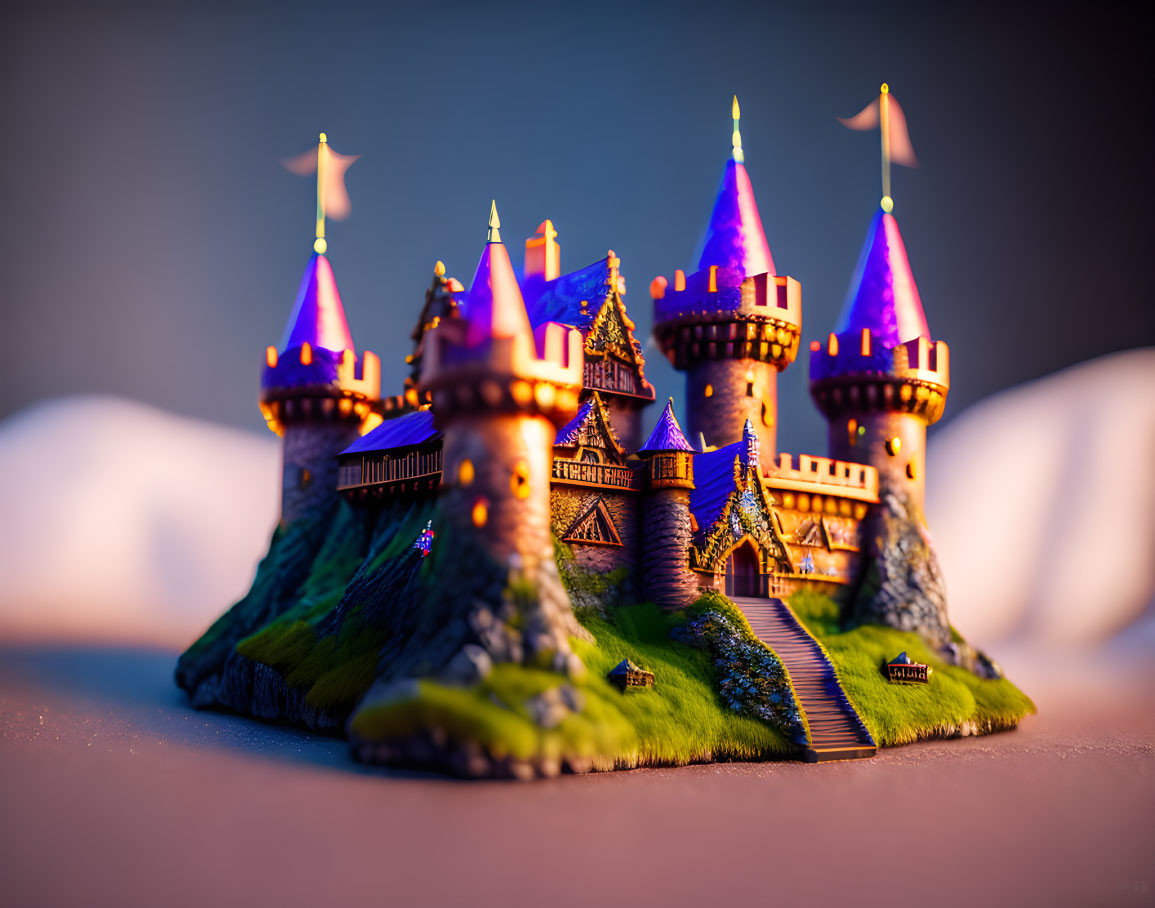 Miniature fantasy castle with purple roofs on grassy hillock