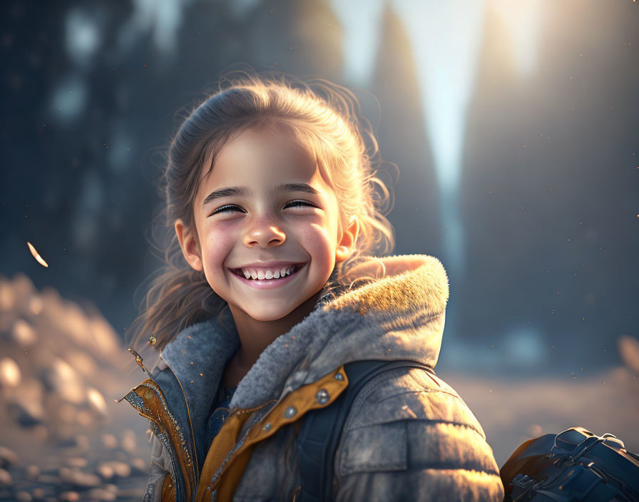 Blonde Girl in Grey Fur Coat and Yellow Backpack in Snowy Landscape