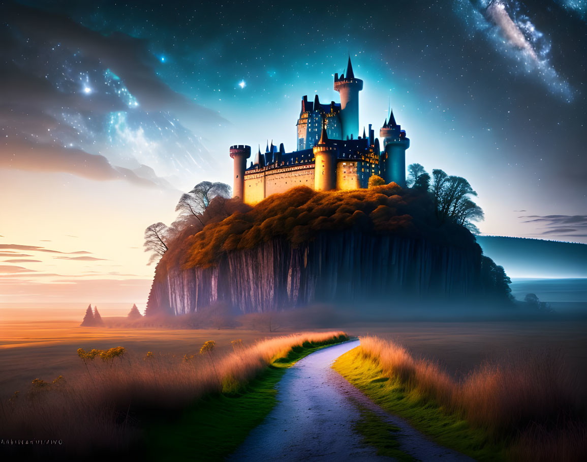 Majestic castle on cliff with starry sky, winding path, and sunset glow