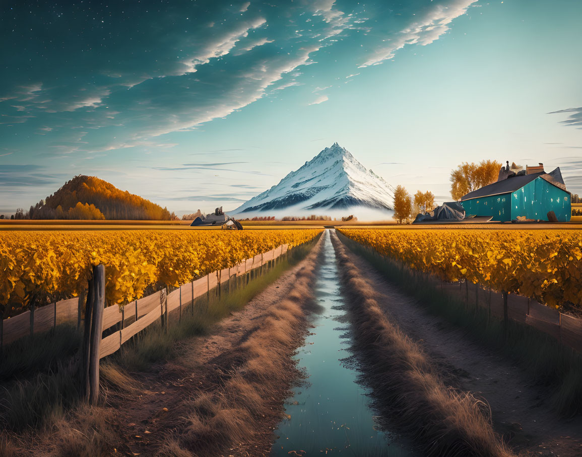 Snow-capped mountain, yellow flower field, and sky reflection in serene landscape