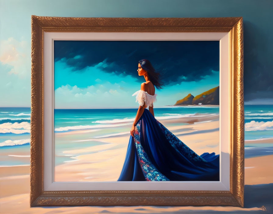 Framed painting of woman in blue dress by beach