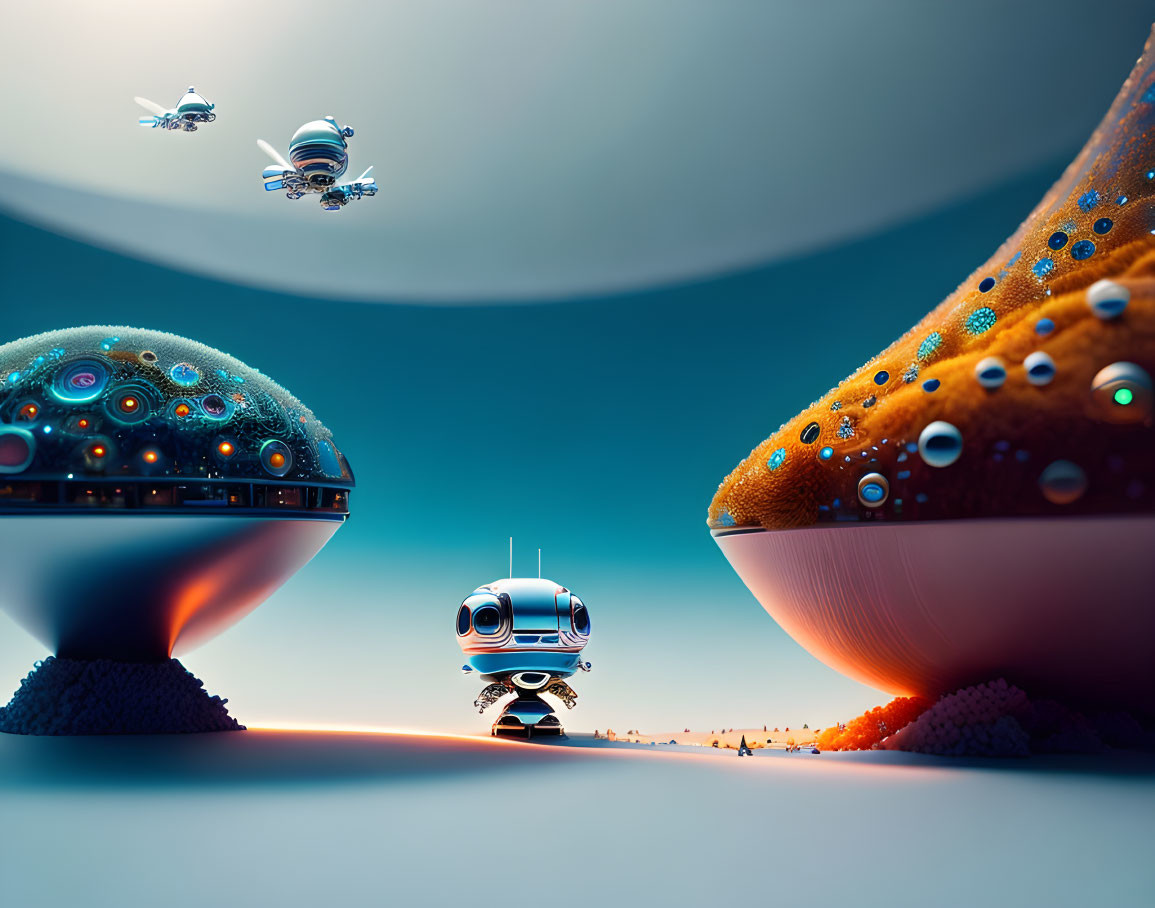 Whimsical robotic structures in futuristic landscape