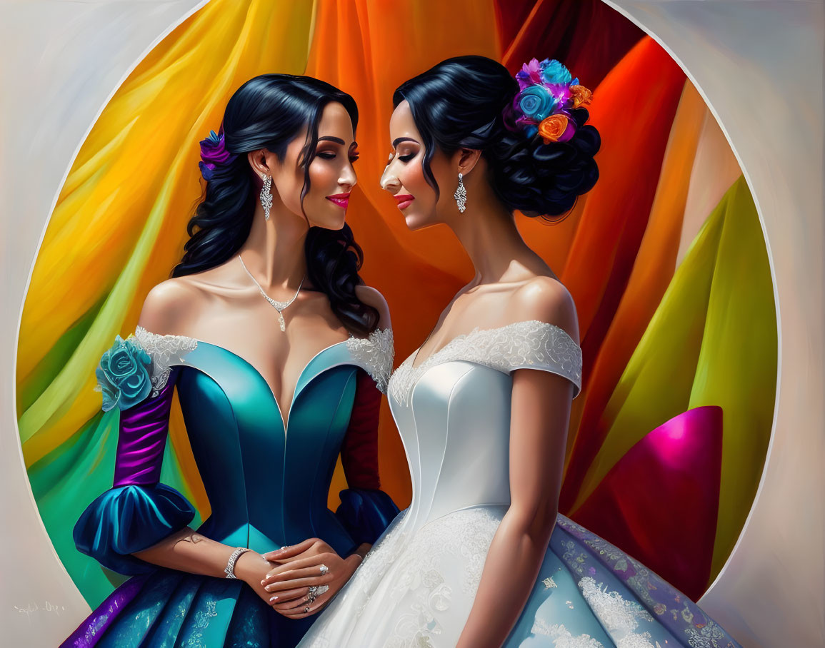 Two women in elegant dresses holding hands against colorful backdrop.