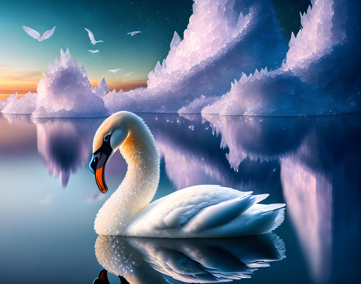 Swan on tranquil lake at dusk with ice formations and sunset sky