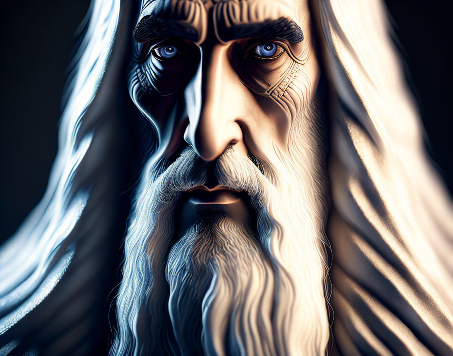 Digital portrait of an older man with white beard and blue cloak