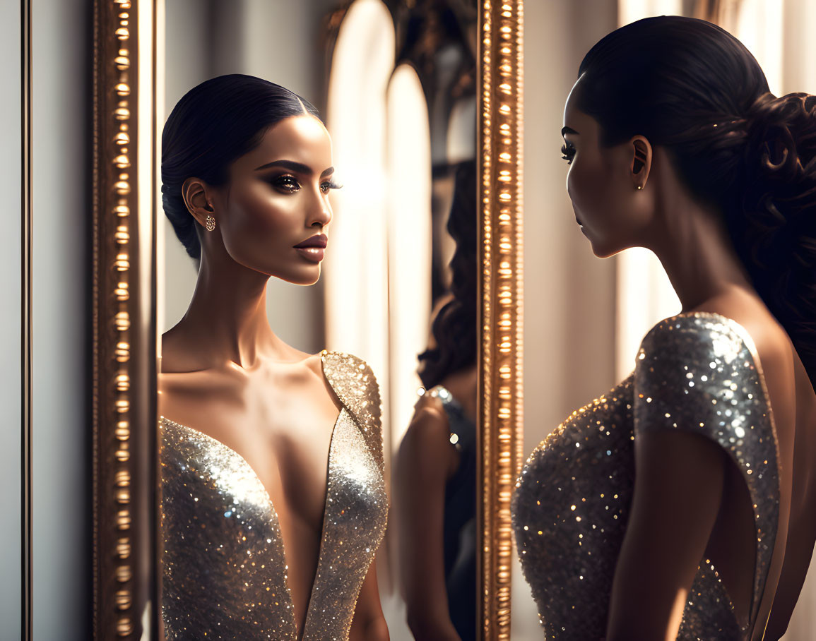 Glamorous woman in glittering gown admires reflection in grand mirror