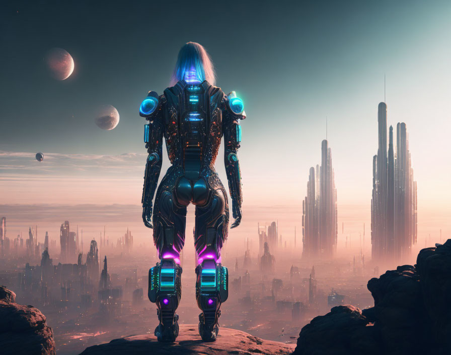 Futuristic armored figure gazes at neon cityscape with tall spires