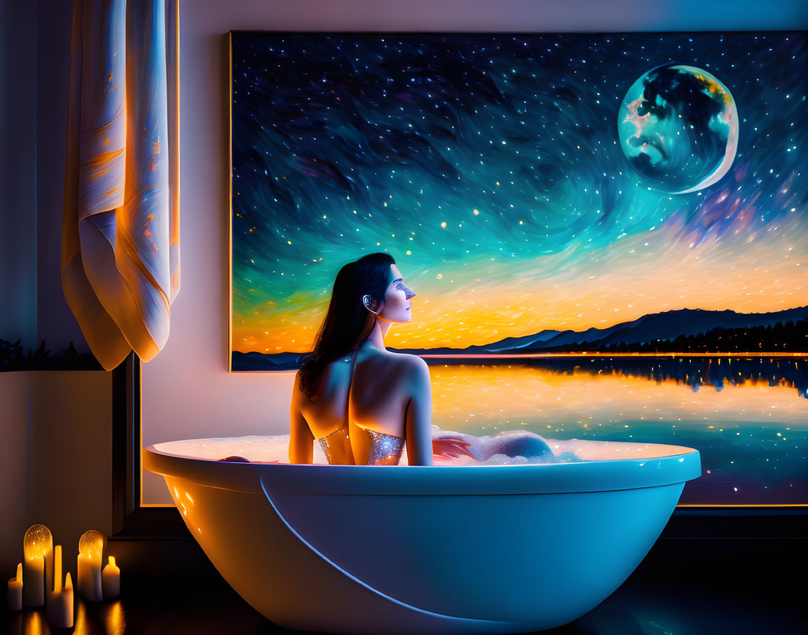 Woman in Bathtub Under Surreal Night Sky