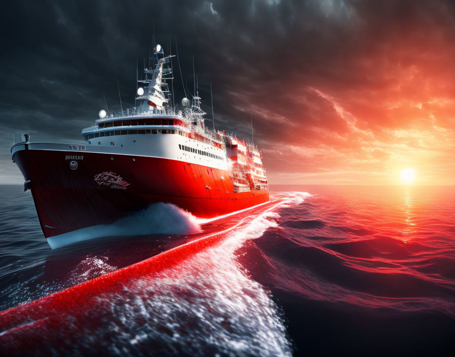 Large Red Ship Sailing at Sunset on the Ocean