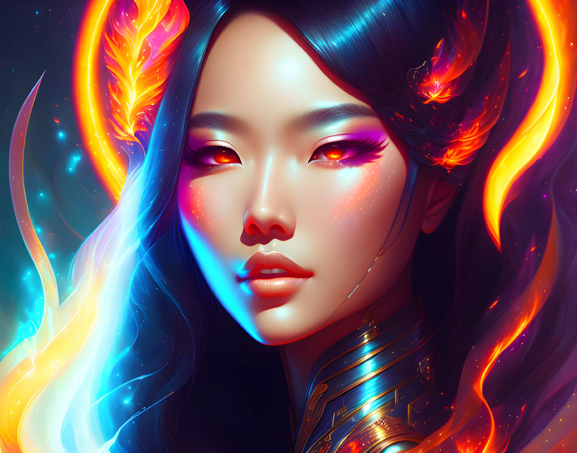 Vivid digital portrait of a woman with fiery wings, vibrant hair, and golden neckpiece on dark