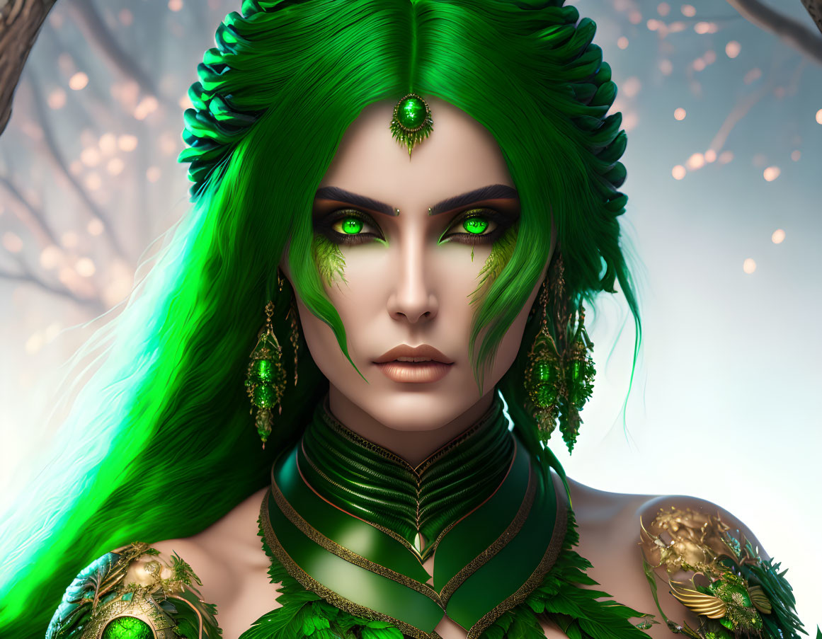 Vivid Green-Haired Woman in Ornate Gold Armor Artwork