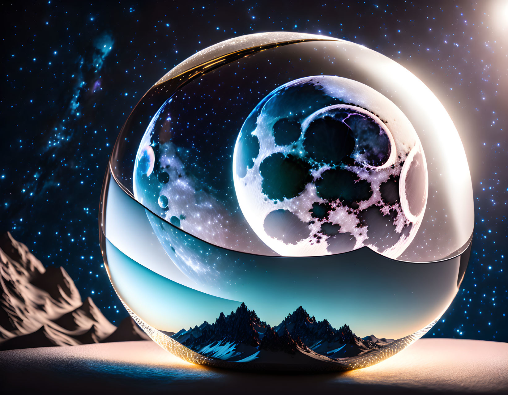 Surreal landscape with metallic sphere, moon, stars, snowy mountains & cosmic night