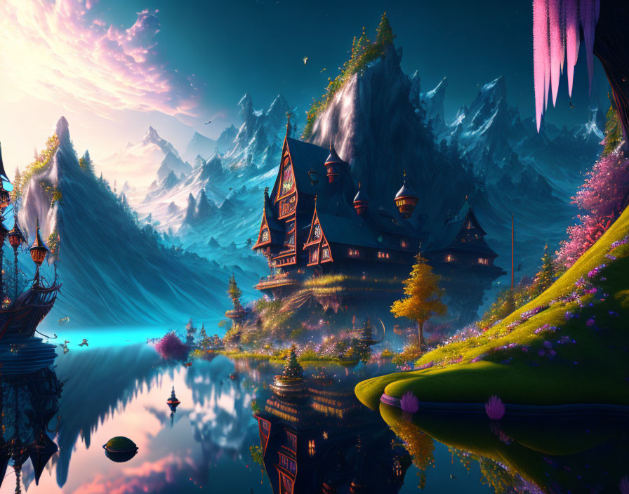 Fantastical landscape with reflective lake, whimsical buildings, mountains, and vibrant flora