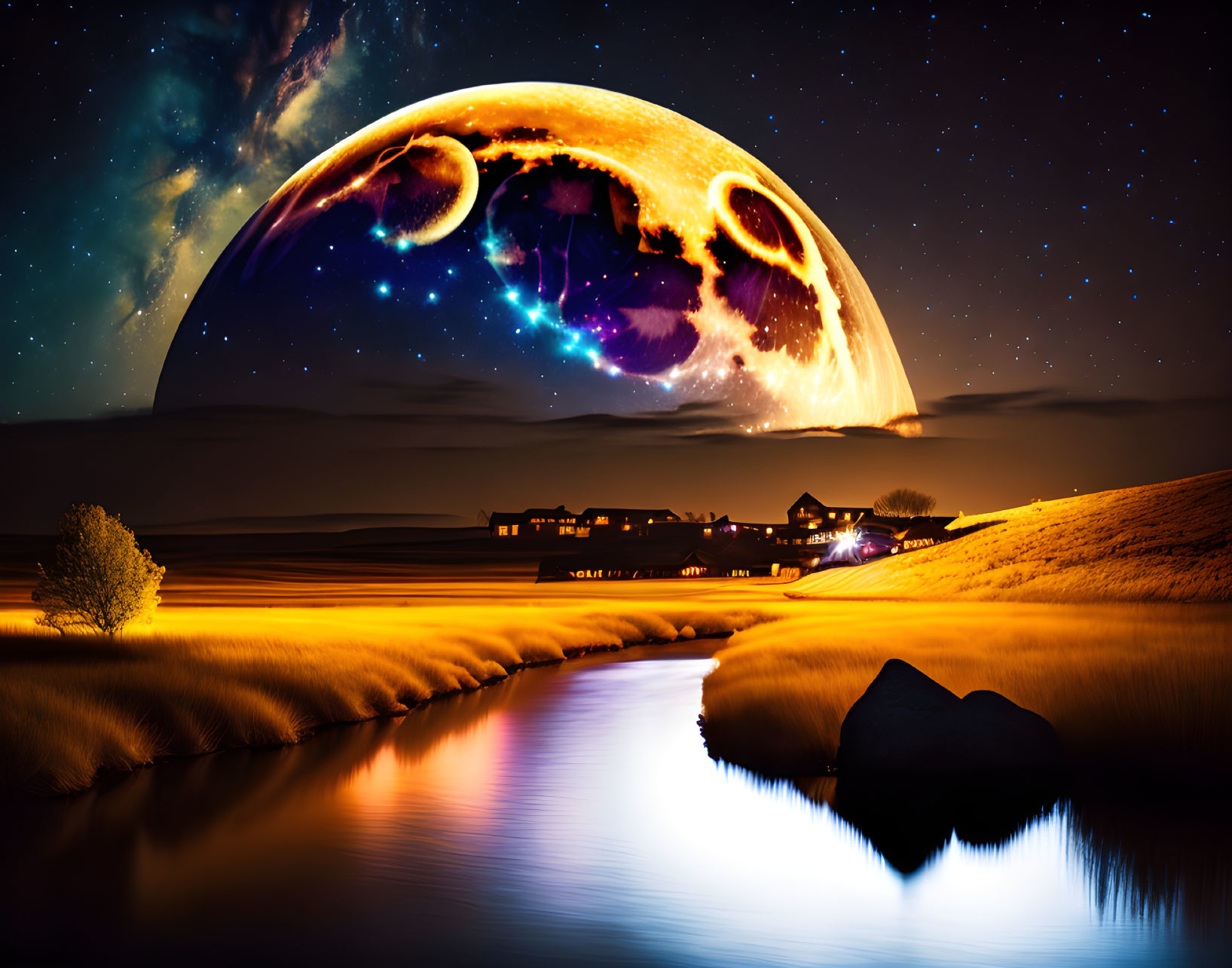 Surreal night landscape with giant moon, starry sky, tranquil river, lone tree, and