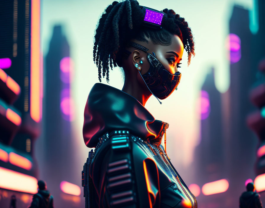 Futuristic African woman with cybernetic enhancements in neon-lit cityscape