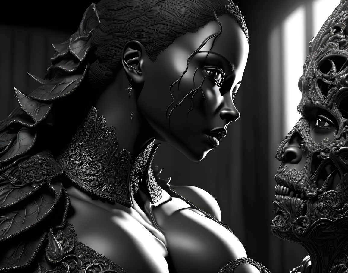 Detailed Monochrome Art: Ornate Female and Skeletal Figures with Intricate Patterns