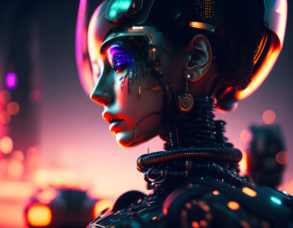 Female android with intricate cybernetic detail and neon accents in side profile.