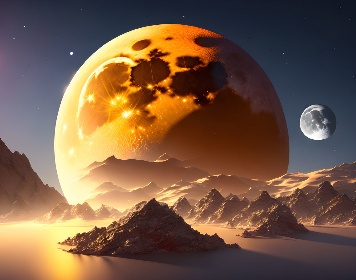 Surreal landscape with towering mountains, starry sky, planet, and moon.