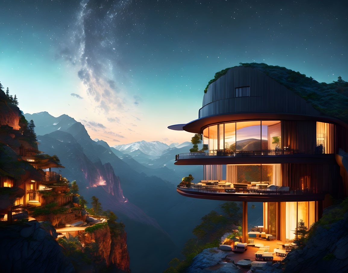 Luxurious multi-level house on cliff with mountain views & starry night sky