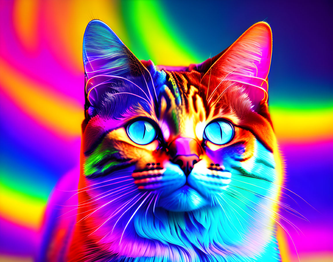 Colorful Cat Portrait with Blue Eyes and Rainbow Background